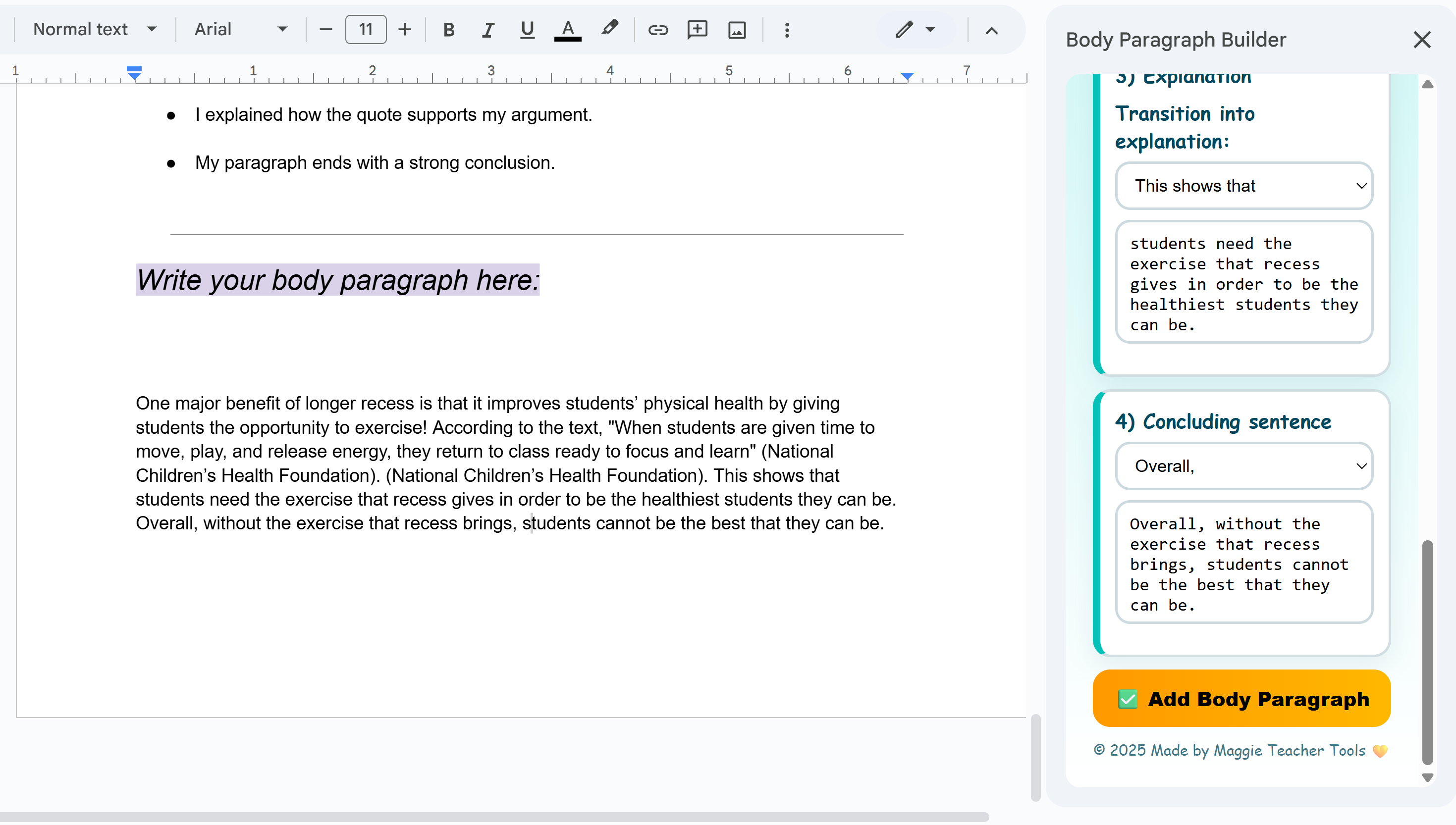 Inserted body paragraph in the doc body
