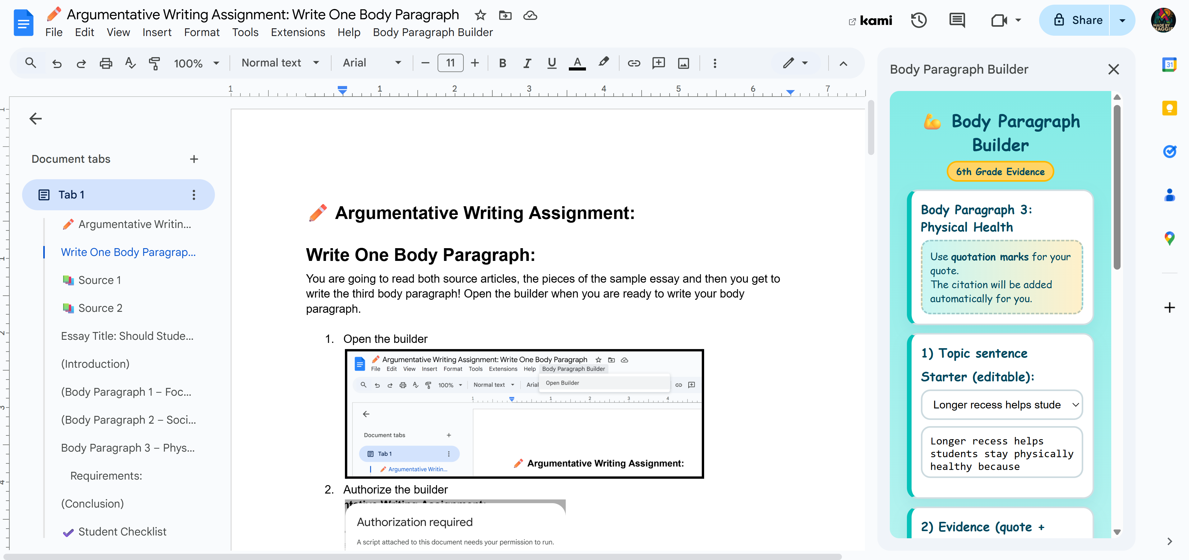 Sidebar open in Google Docs showing Body Paragraph Builder steps
