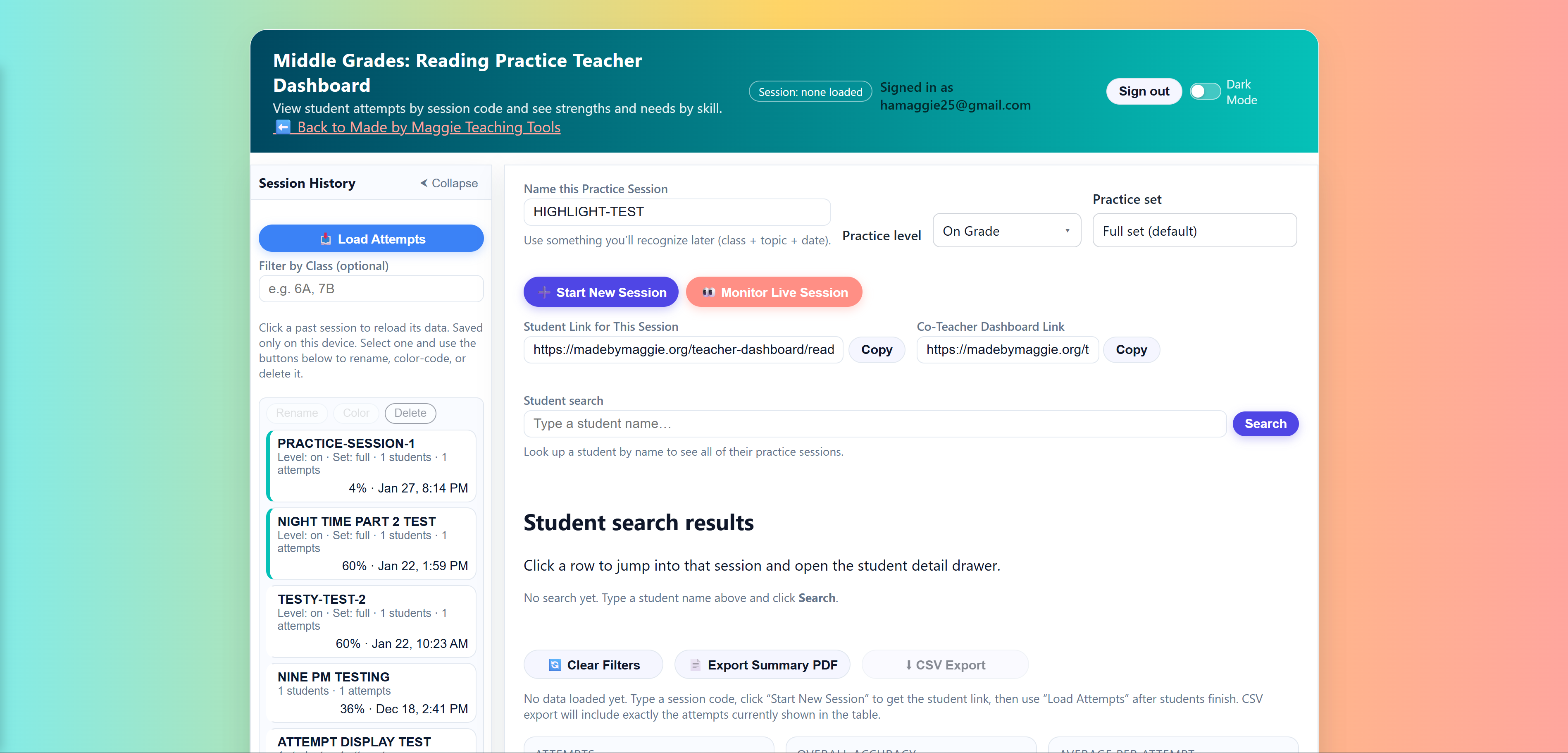 Teacher dashboard overview