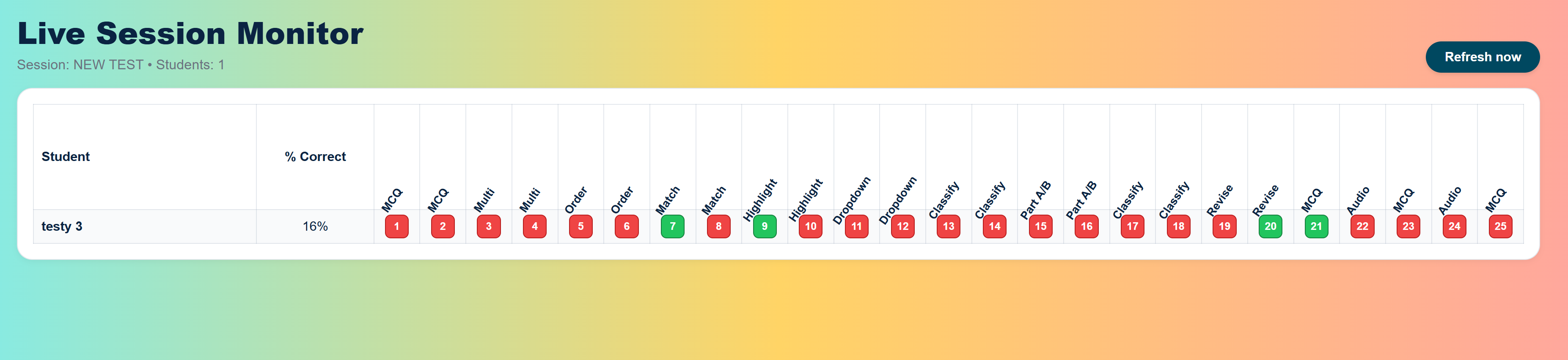 Live monitoring view of student progress