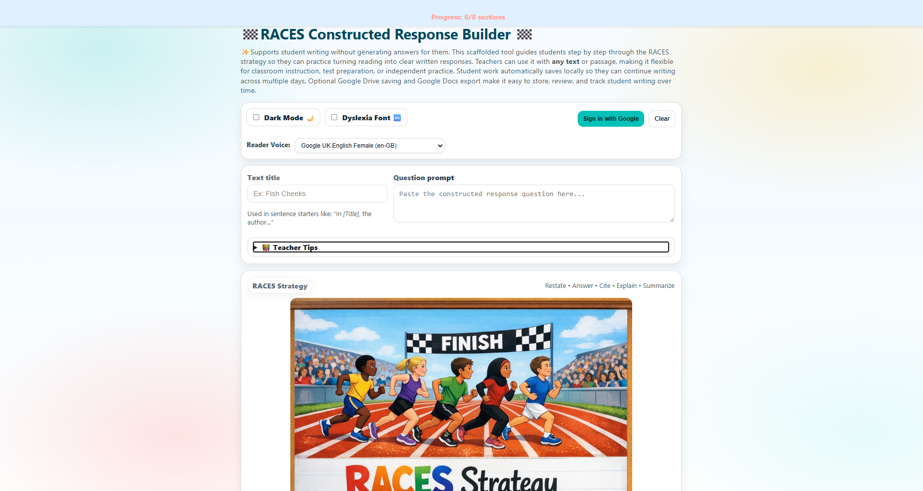 RACES Builder step-by-step sections
