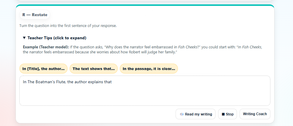 Sentence starters and teacher tips panel