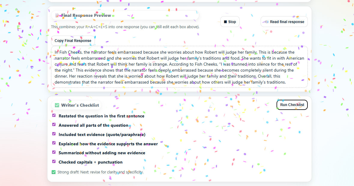 Final response view with checklist