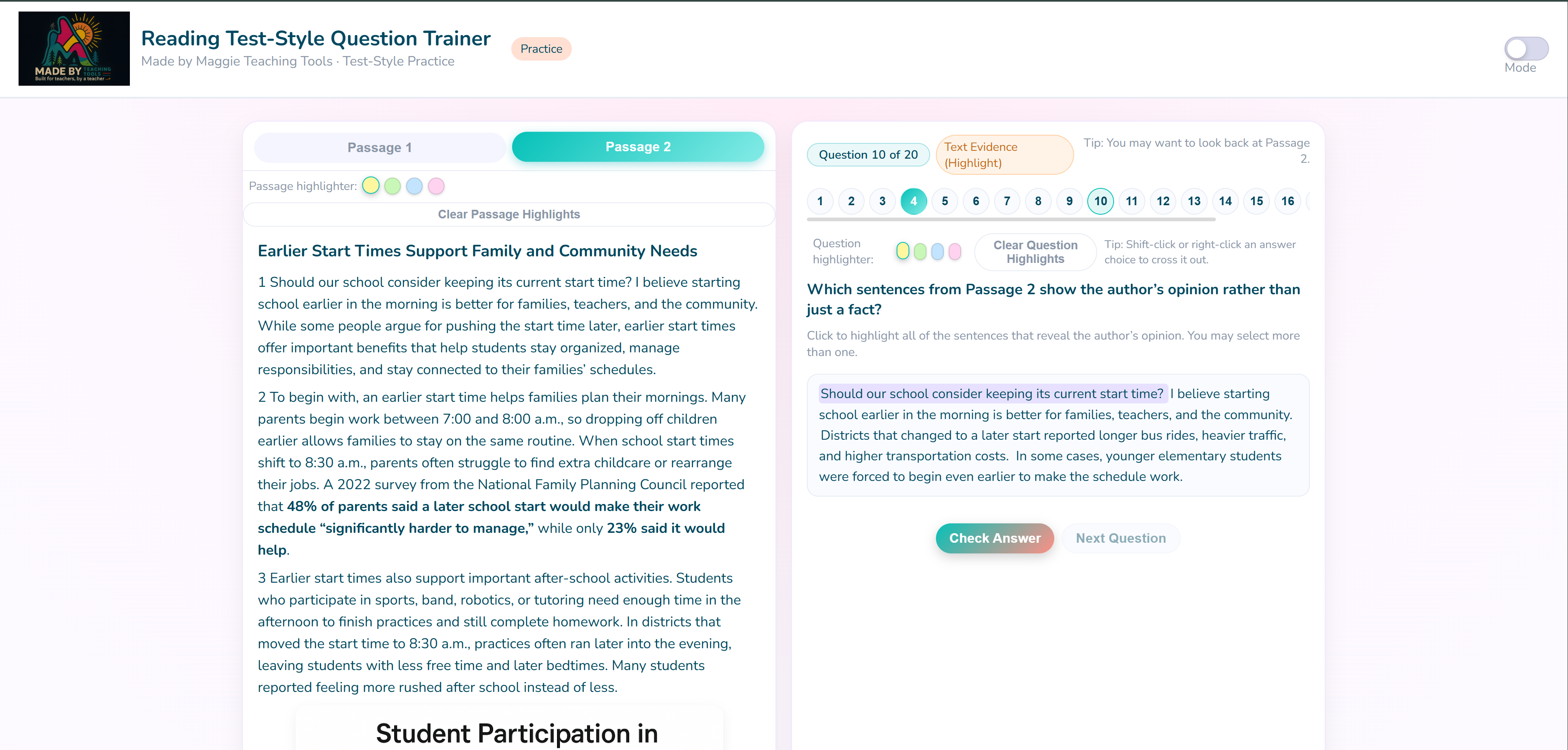 Two reading passages with tabs and highlight toolbar