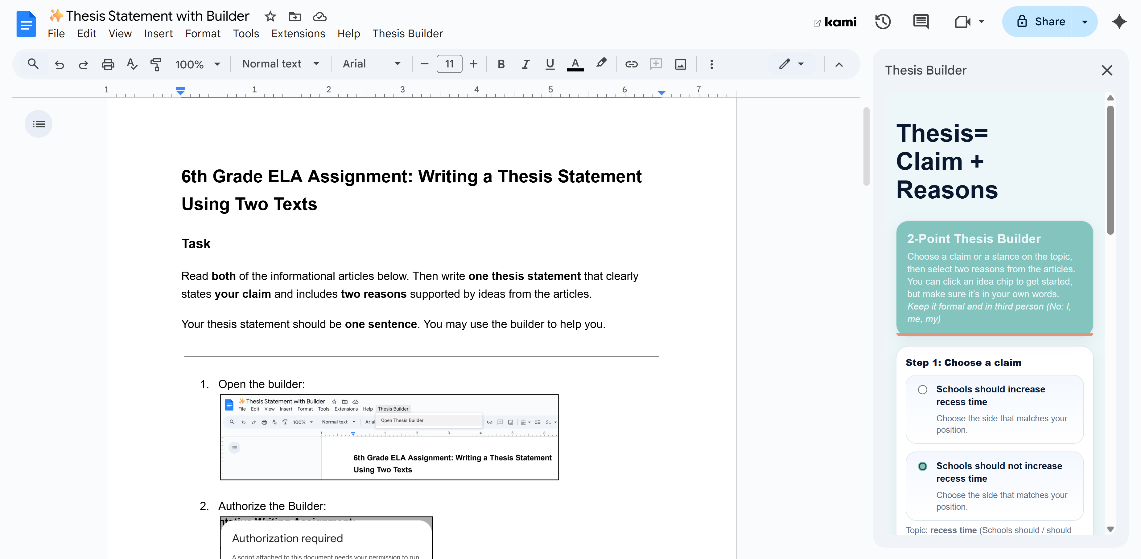 Thesis Builder showing claim or stance selection and topic prompt